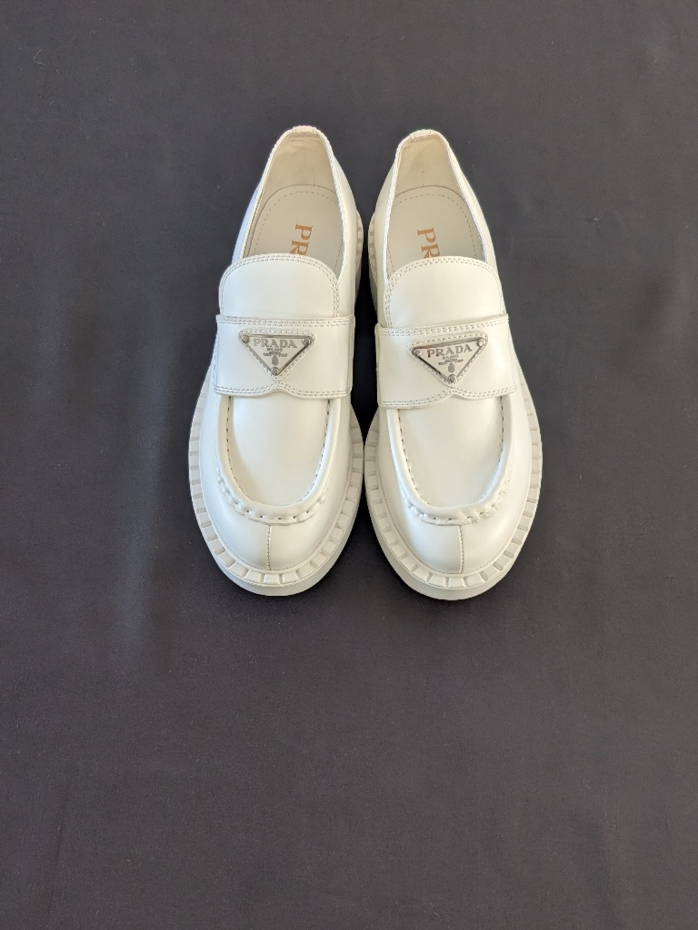 Prada Triangle Logo Chunky Platform Loafers White Spazzolato Leather EU 37 US 7